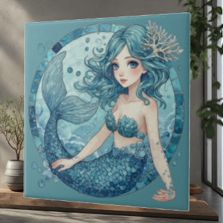 Aquamarine Blue Eye Mermaid Tropical Ocean Corals Ceramic Tile