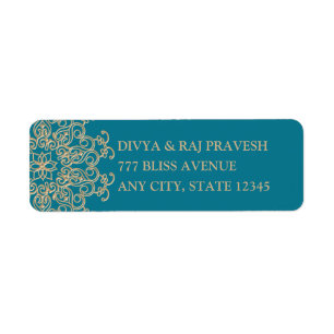 AQUAMARINE BLUE GOLD INDIAN INSPIRED RETURN ADDRESS LABEL