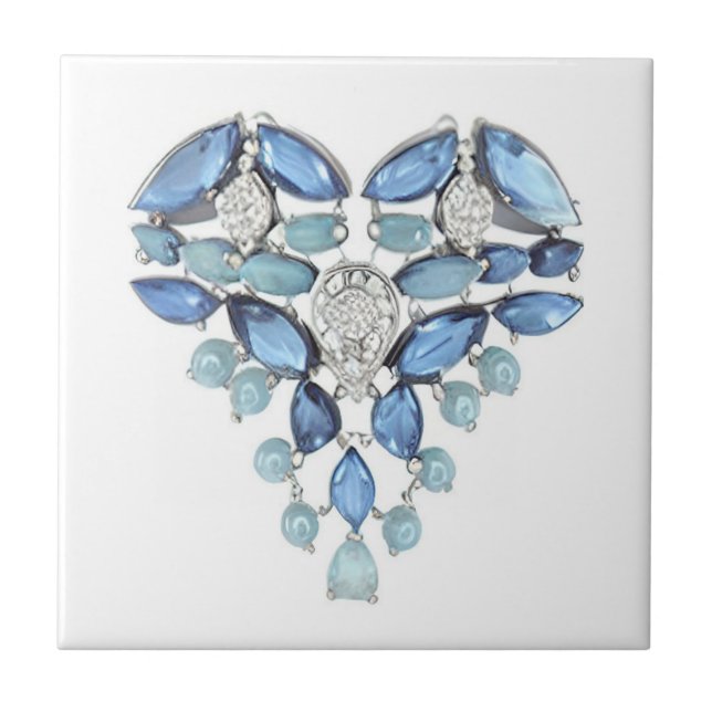 Aquamarine blue silver diamond heart love ceramic tile (Front)