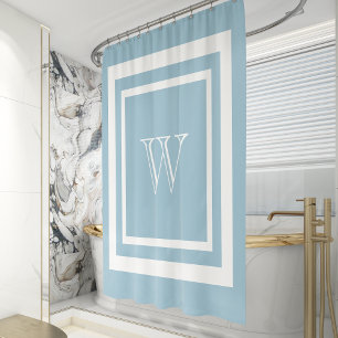 Aquamarine Blue White Framed Monogram Shower Curtain