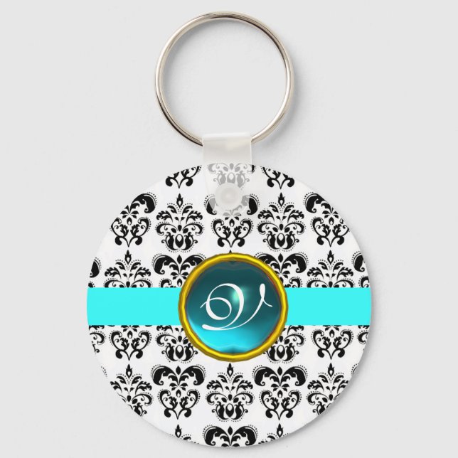 AQUAMARINE DAMASK MONOGRAM,blue turquase Key Ring (Front)