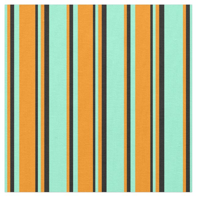 Aquamarine, Dark Orange & Black Coloured Stripes Fabric (Close Up)
