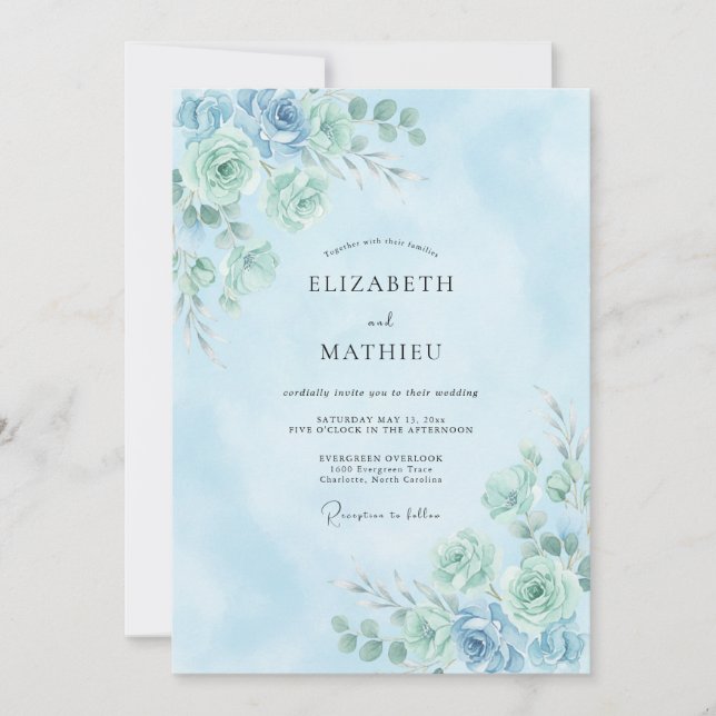 Aquamarine Delicate Botanical Wedding Invitation (Front)