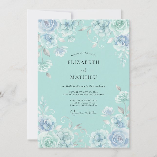 Aquamarine Delicate Whimsical Wedding Invitation (Front)