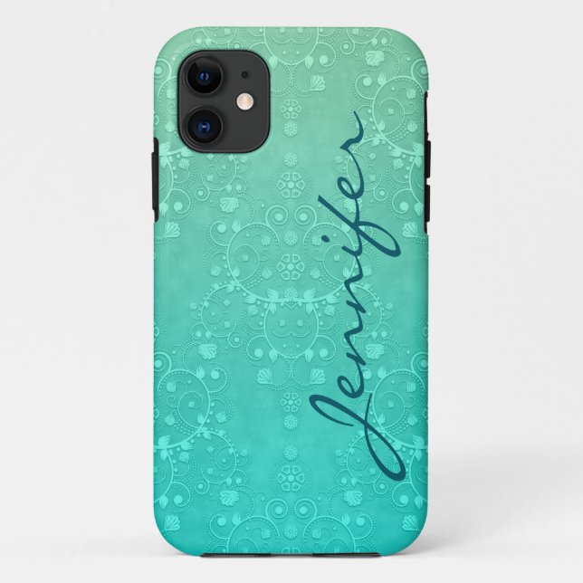 Aquamarine Fancy Damask Turquoise Personalised Art Case-Mate iPhone Case (Back)