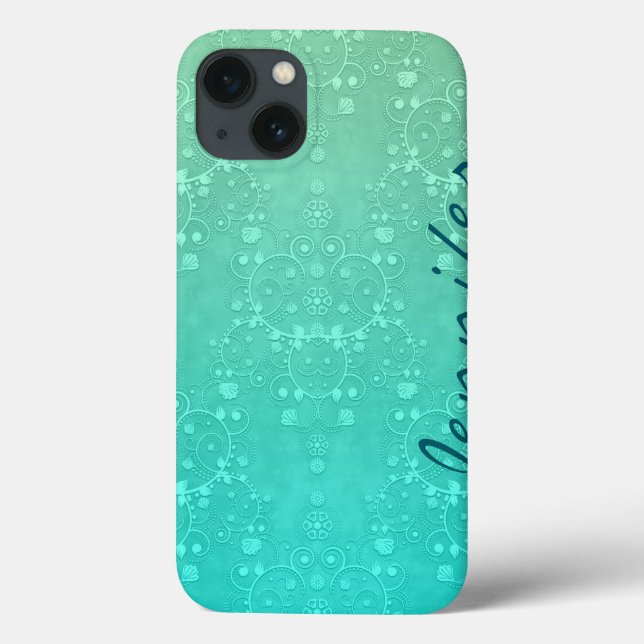 Aquamarine Fancy Damask Turquoise Personalised Art Case-Mate iPhone Case (Back)