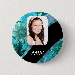 Aquamarine floral personalised photo 6 cm round badge