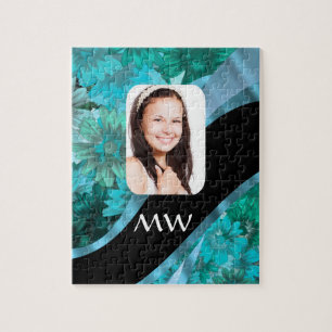 Aquamarine floral personalised photo jigsaw puzzle