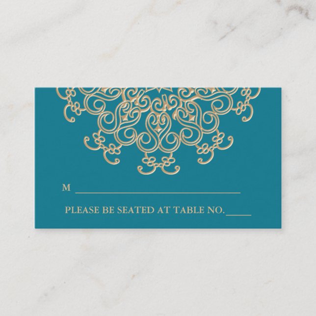 Aquamarine Gold Indian Inspired Seating Place Card (Front)