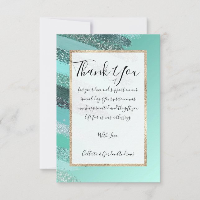 Aquamarine Green Blue Glitter Painted Brushstrokes Thank You Card (Front)