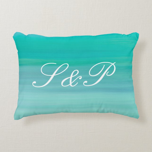 Aquamarine green ocean monogram decorative cushion (Front)
