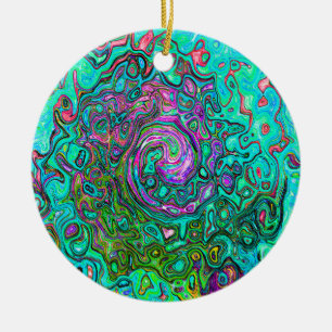 Aquamarine Groovy Abstract Retro Liquid Swirl Ceramic Ornament