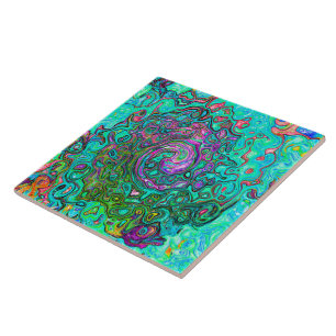Aquamarine Groovy Abstract Retro Liquid Swirl Ceramic Tile