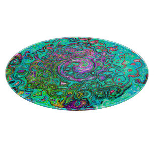 Aquamarine Groovy Abstract Retro Liquid Swirl Cutting Board