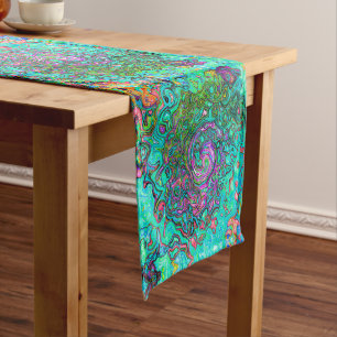 Aquamarine Groovy Abstract Retro Liquid Swirl Long Table Runner