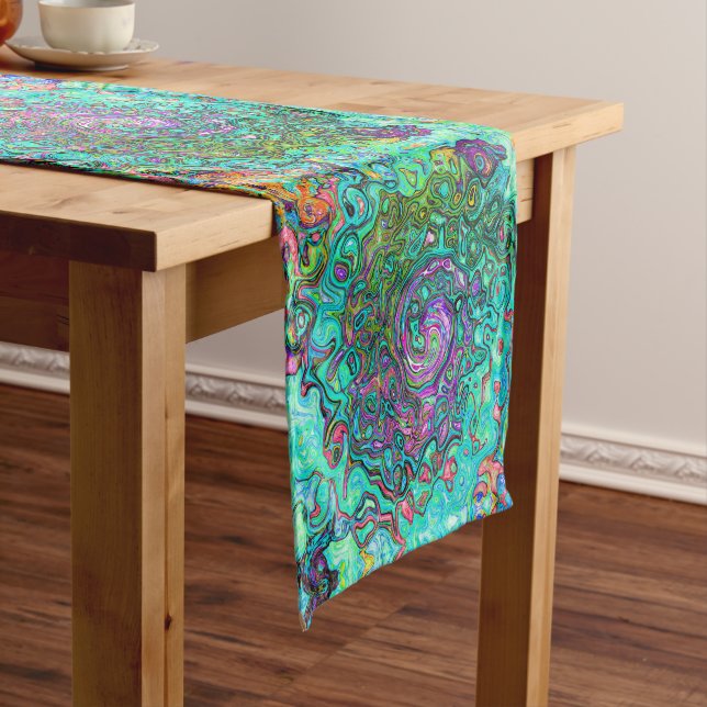 Aquamarine Groovy Abstract Retro Liquid Swirl Long Table Runner (In Situ)