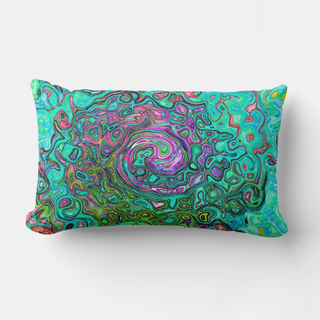 Aquamarine Groovy Abstract Retro Liquid Swirl Lumbar Cushion (Front)