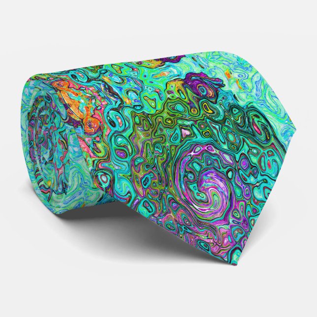 Aquamarine Groovy Abstract Retro Liquid Swirl Tie (Rolled)