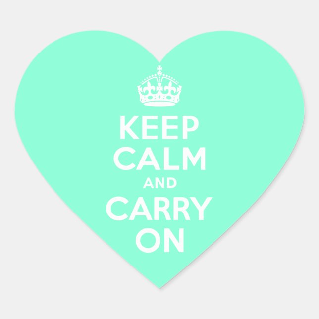Aquamarine Keep Calm and Carry On Heart Sticker (Front)