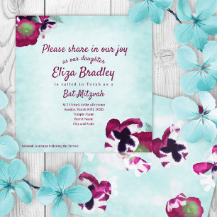 Aquamarine, Magenta Pansies Bat Mitzvah Invitation