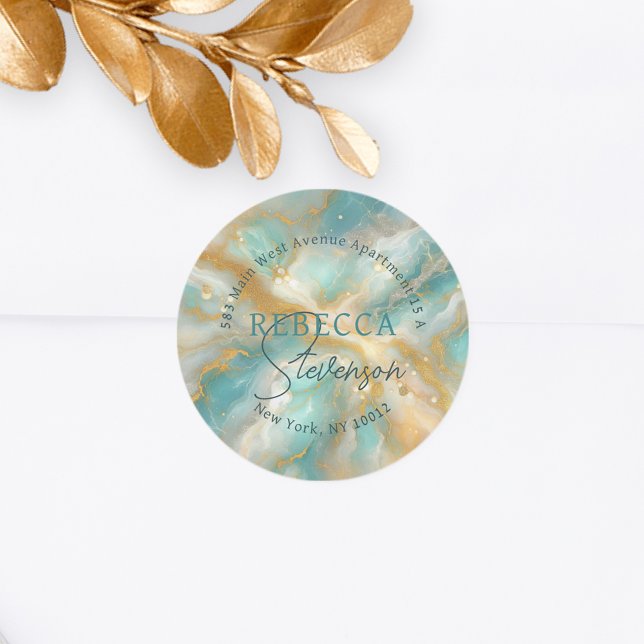 Aquamarine Marble Round Return Address Label (Creator Uploaded)