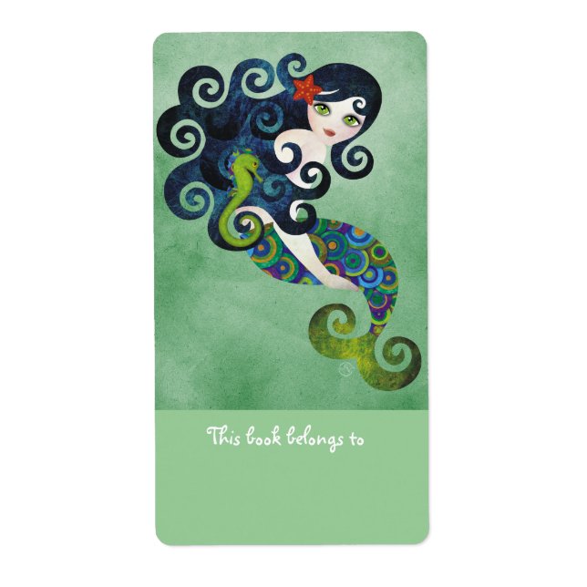 Aquamarine Mermaid Bookplates Labels (Front)