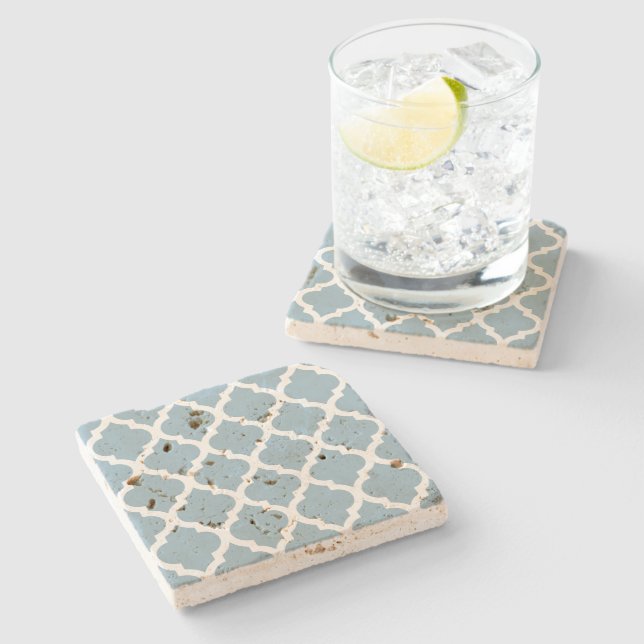 Aquamarine Moroccan Tile Trellis Stone Coaster (Side)
