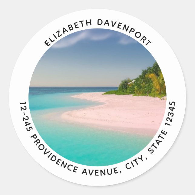 Aquamarine Ocean Tropical Beach Scenic Address Classic Round Sticker (Front)