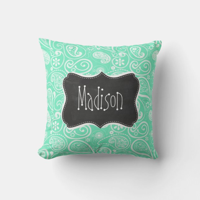 Aquamarine Paisley; Retro Chalkboard Cushion (Front)