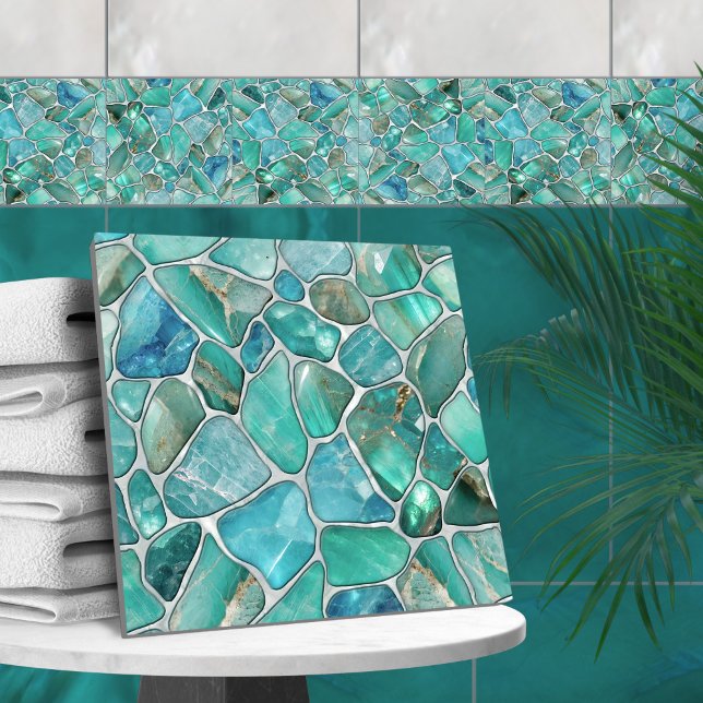 Aquamarine pebbles on pearl ceramic tile (Creator Uploaded)