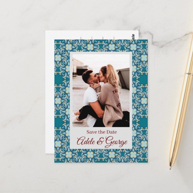 Aquamarine PHOTO Wedding Save the Date Postcard (Front/Back In Situ)