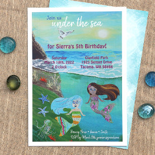 Aquamarine, Pink, Blue Mermaid Birthday Party Invitation