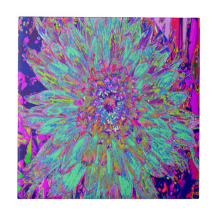 Aquamarine Rainbow Colour Abstract Dahlia Flower Ceramic Tile