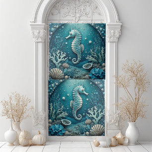 Aquamarine Seahorse Coastal Seashells Corals Reef  Ceramic Tile