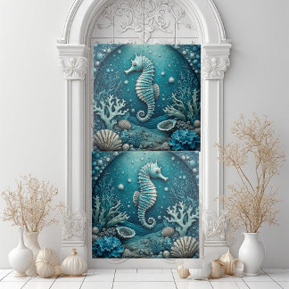 Aquamarine Seahorse Coastal Seashells Corals Reef  Ceramic Tile