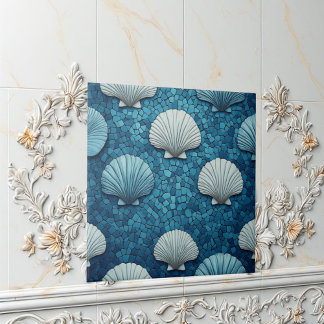 Aquamarine Seashells Mosaic Blue Ocean Marine Life Ceramic Tile