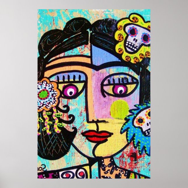 Aquamarine Sugar Skull Mexican Woman Poster (Front)