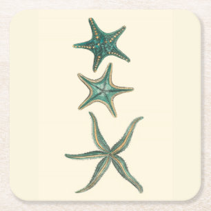 Aquamarine Triple Starfish Square Paper Coaster