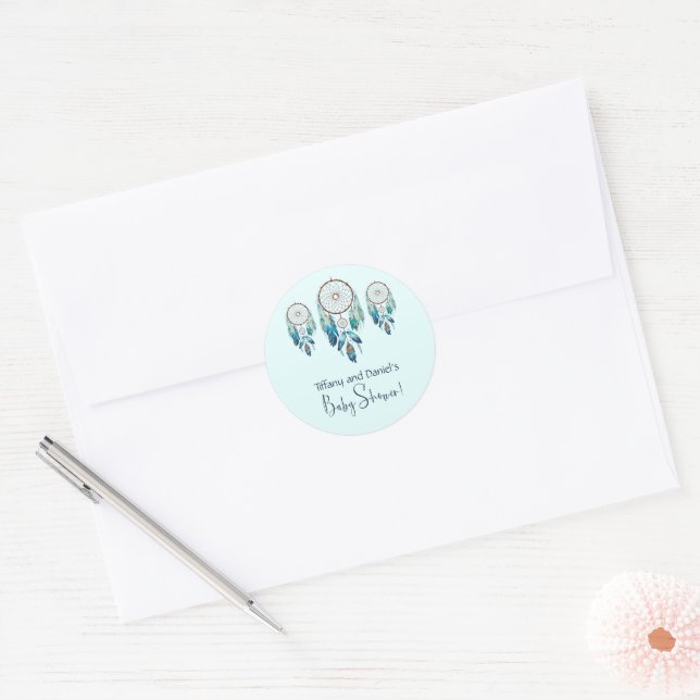 Aquamarine Watercolor Dreamcatcher Baby Shower Classic Round Sticker (Envelope)