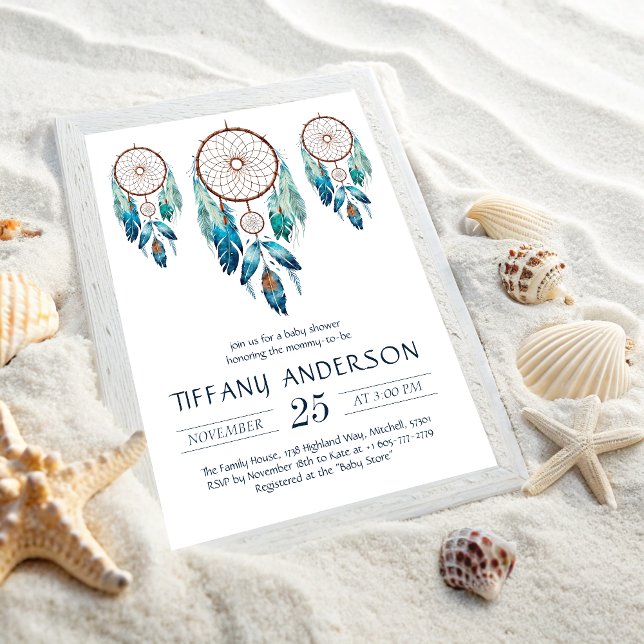 Aquamarine Watercolor Dreamcatcher Baby Shower Invitation (Aquamarine Watercolor Dreamcatcher Baby Shower Invitation)