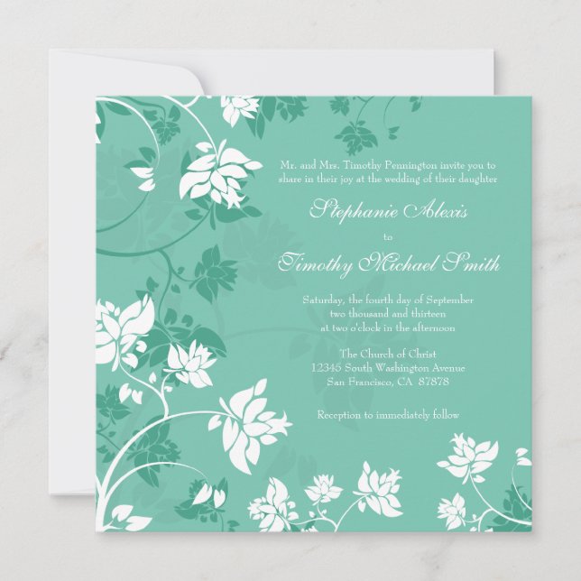 Aquamarine white floral swirls wedding invitation (Front)