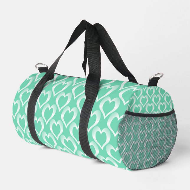 Aquamarine White Hearts Pattern Duffle Bag (Right Corner)