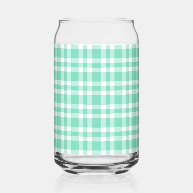 Aquamarine White Plaid Pattern Can Glass (Front)