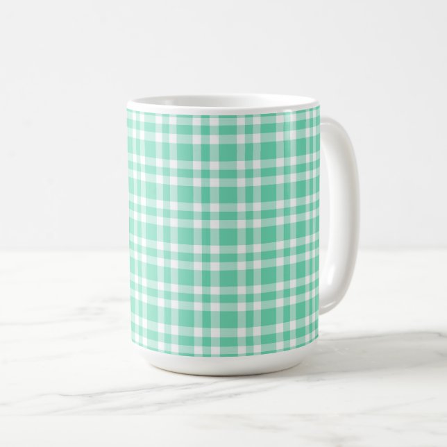 Aquamarine White Plaid Pattern Coffee Mug (Front Right)