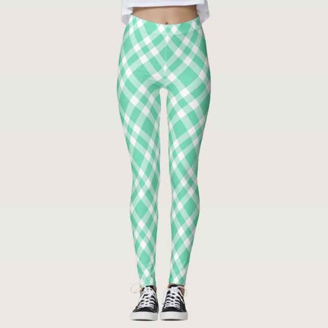Aquamarine White Plaid Pattern Leggings (Front)