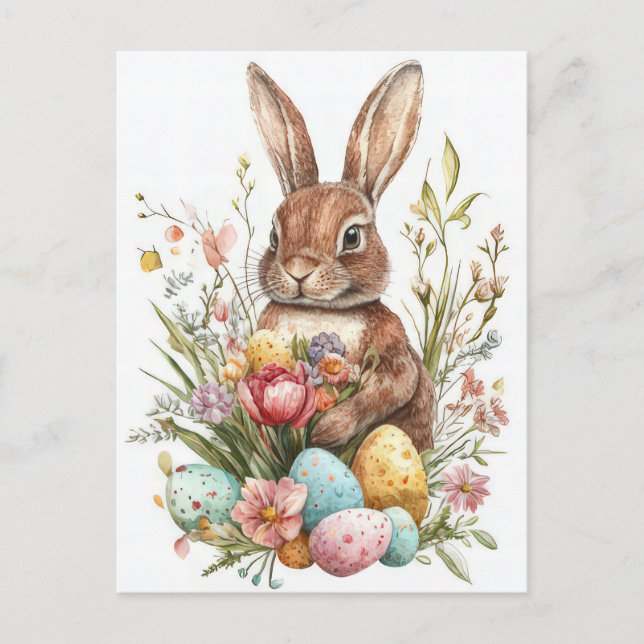 Aquarell Easter postcard with Easter Bunny and flo (Front)