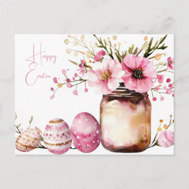 Aquarell Easter postcard with Easter eggs and flow (Front)