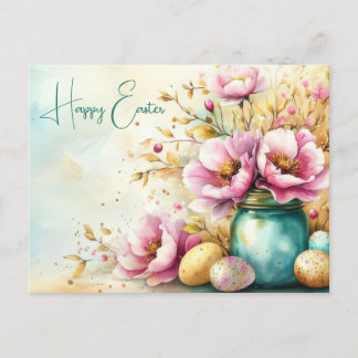 Aquarell Easter postcard with Easter eggs and flow