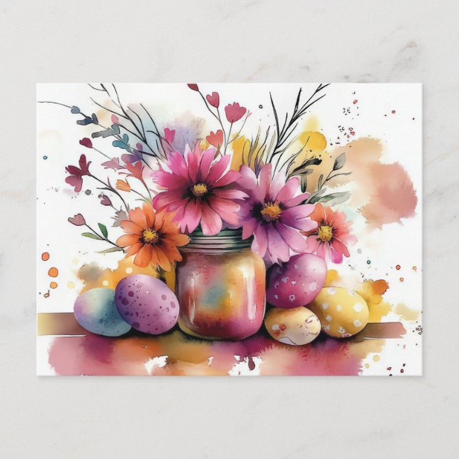 Aquarell Easter postcard with Easter eggs and flow (Front)