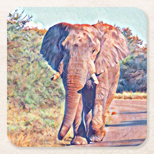 aquarell elephant square paper coaster (Front)